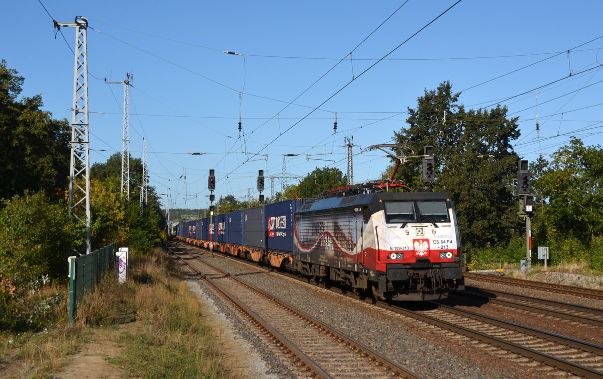 189 213 führte für ihren neuen Eigentümer LTE am 25.09.18 einen Containerzug durch Saarmund Richtung Schönefeld.