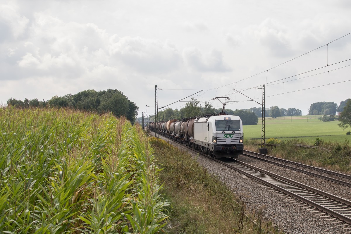 193 204 der SETG mit einem Knickkesselzug am 20. August 2015 bei Hilperting.