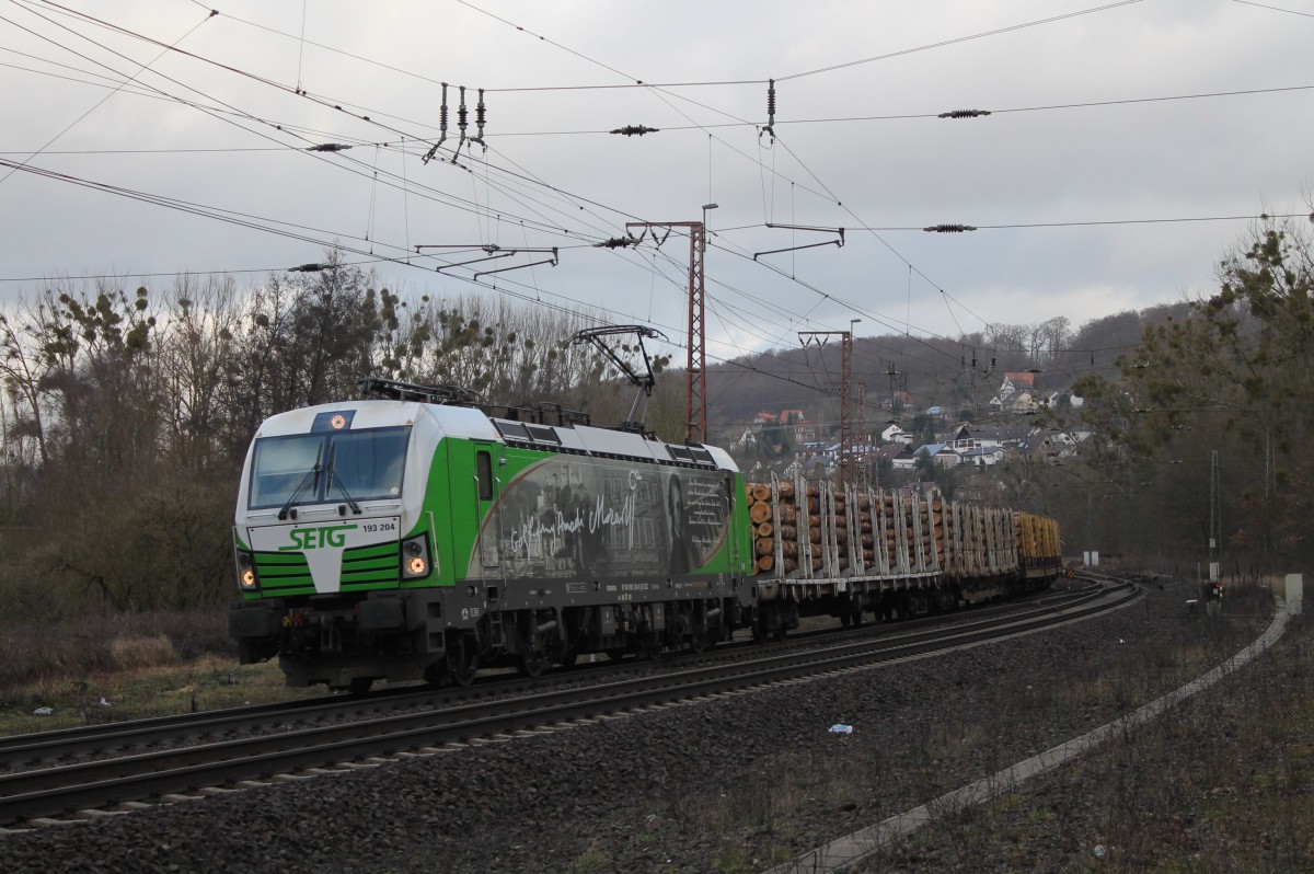 193 204 SETG (Mozart-Werbung) mit Holzzug bei Kreiensen am 03.02.2016