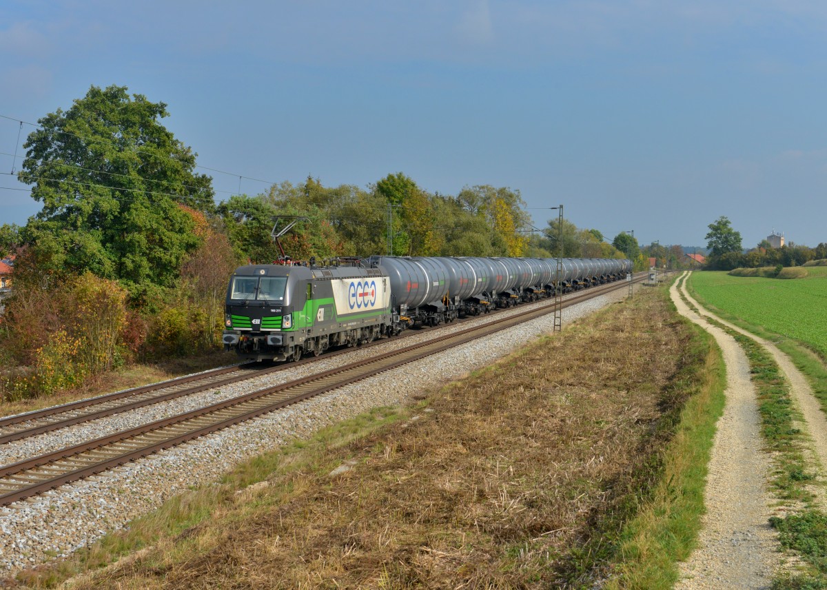 193 211 mit einem Kesselzug am 11.10.2015 bei Langenisarhofen. 