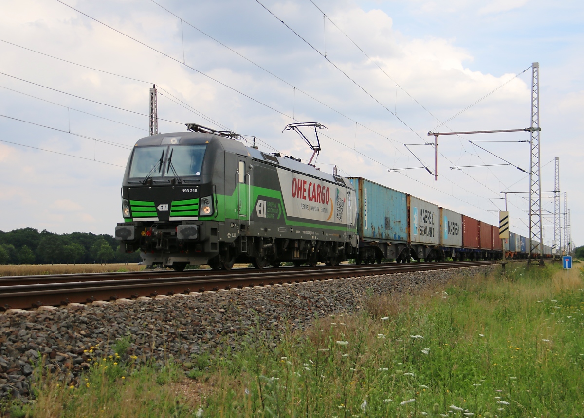 193 218 mit Containerzug in Fahrtrichtung Wunstorf. Aufgenommen in Dedensen-Gümmer am 24.07.2015.