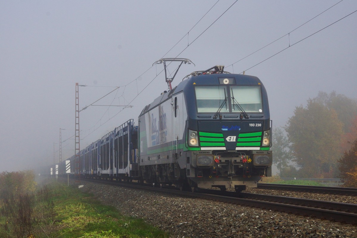 193 230 von Rurtalbahn Cargo mit einen leeren Autozug bei Thüngersheim am 27.10.15