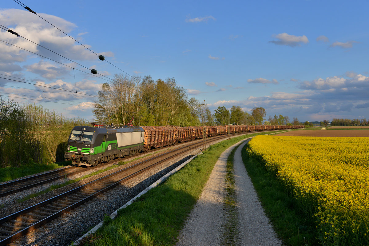 193 242 mit einem Holzzug am 25.04.2016 bei Langenisarhofen. 