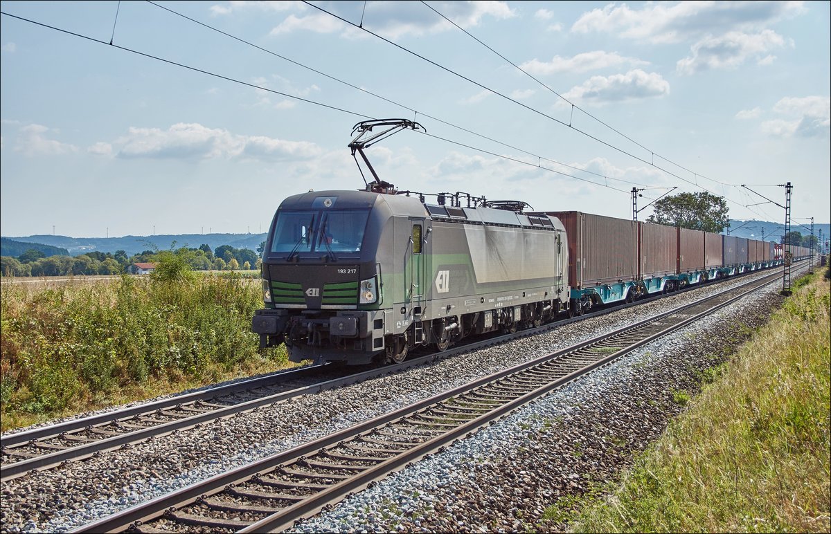 193 247 ist am 16.08.2018 bei Pölling mit einen Containerzug unterwegs.