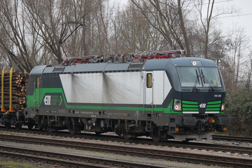 193 285-4(ELOC)stand mit dem Holzzug von Rostock-Bramow nach Stendal-Niedergörne am Mittag des 06.01.2018 in Rostock-Bramow 