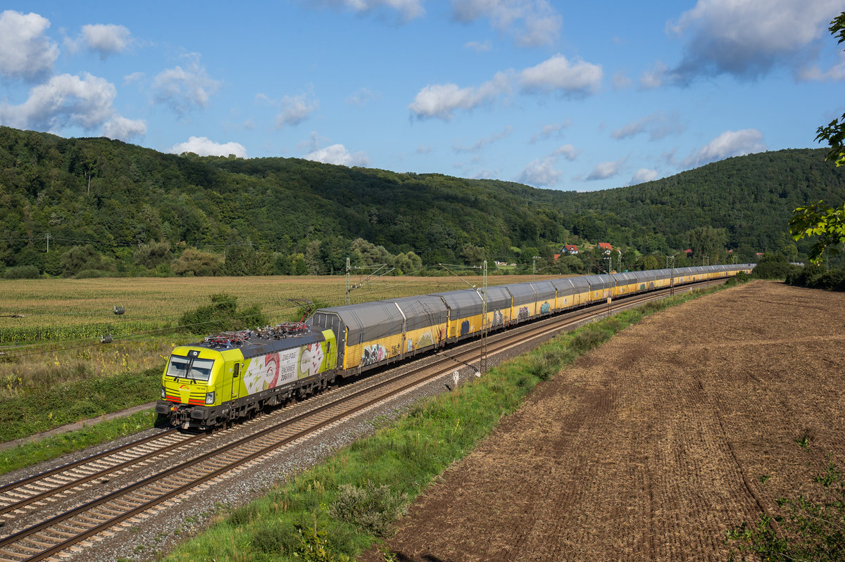 193 550 von TXL fährt mit einem Altmann bei Harrbach in Richtung Würzburg, aufgenommen am 19. August 2017.
