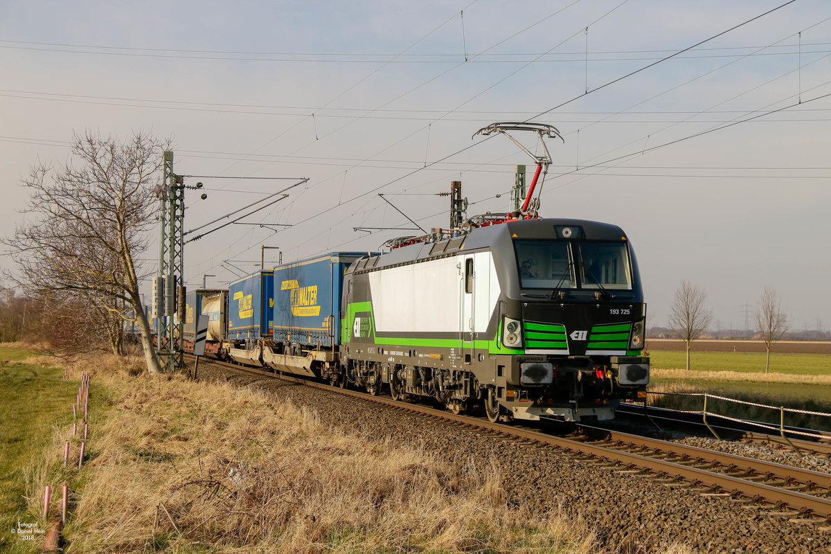 193 725 ELL mit Lkw Walter in Brühl, am 18.02.2018.