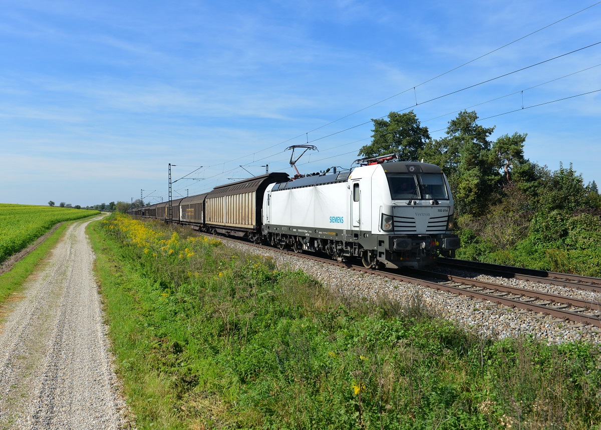 193 814 mit einem Schiebewandwagenzug am 28.09.2014 bei Langenisarhofen. 