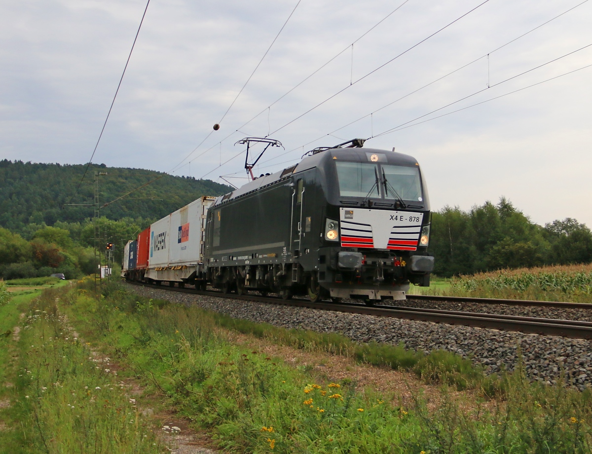 193 878 mit Containerzug in Fahrtrichtung Süden. Aufgenommen zwischen Mecklar und Ludwigsau-Friedlos am 27.08.2015.