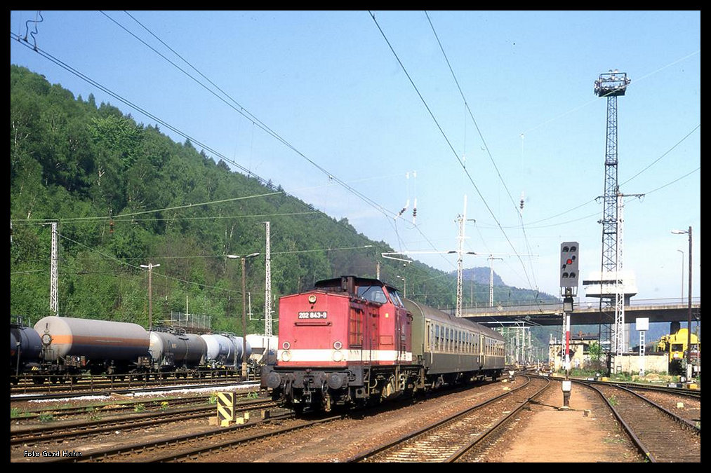202843 fährt am 18.5.1996 mit dem Regionalzug aus Sebnitz um 8.57 Uhr in den Bahnhof Bad Schandau ein.