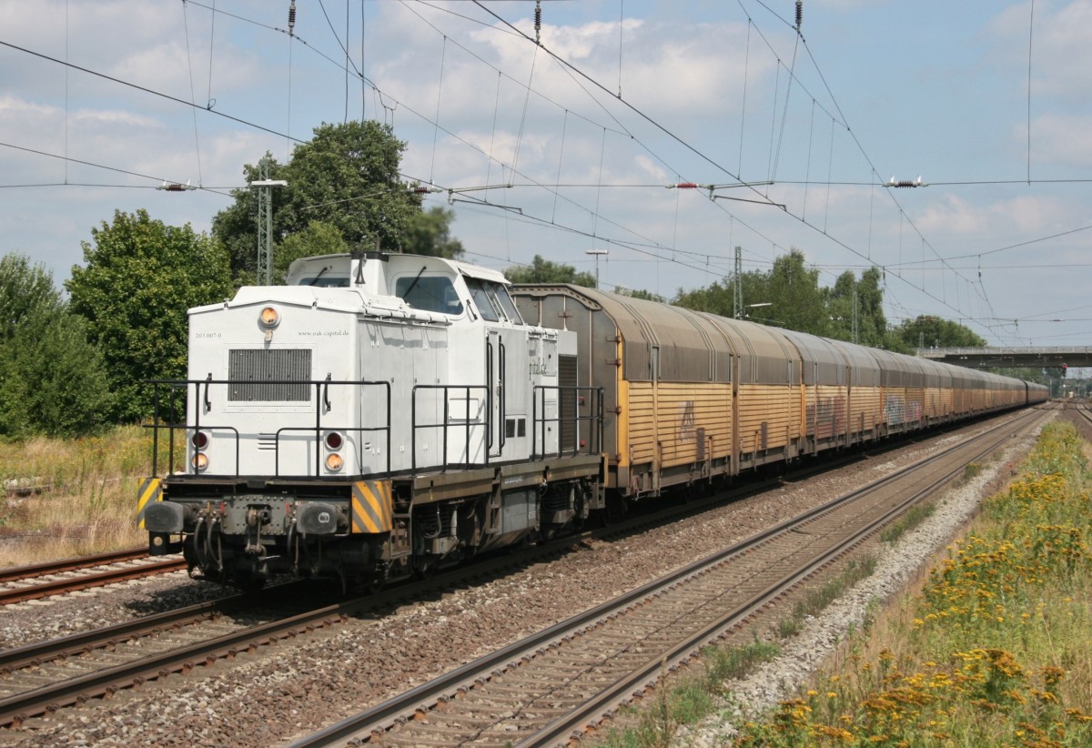 203 007 mit DGS 95576 (ProLok, Cuxhaven–Bremen Rbf) am 06.08.2013 in Scheeel, aufgenommen vom Ende des Mittelbahnsteigs
