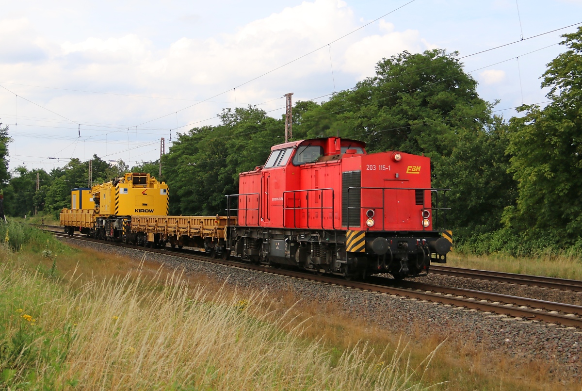 203 115-1 der EBM mit Gleiskran in Fahrtrichtung Eystrup. Aufgenommen am 23.07.2015 bei Wahnebergen.