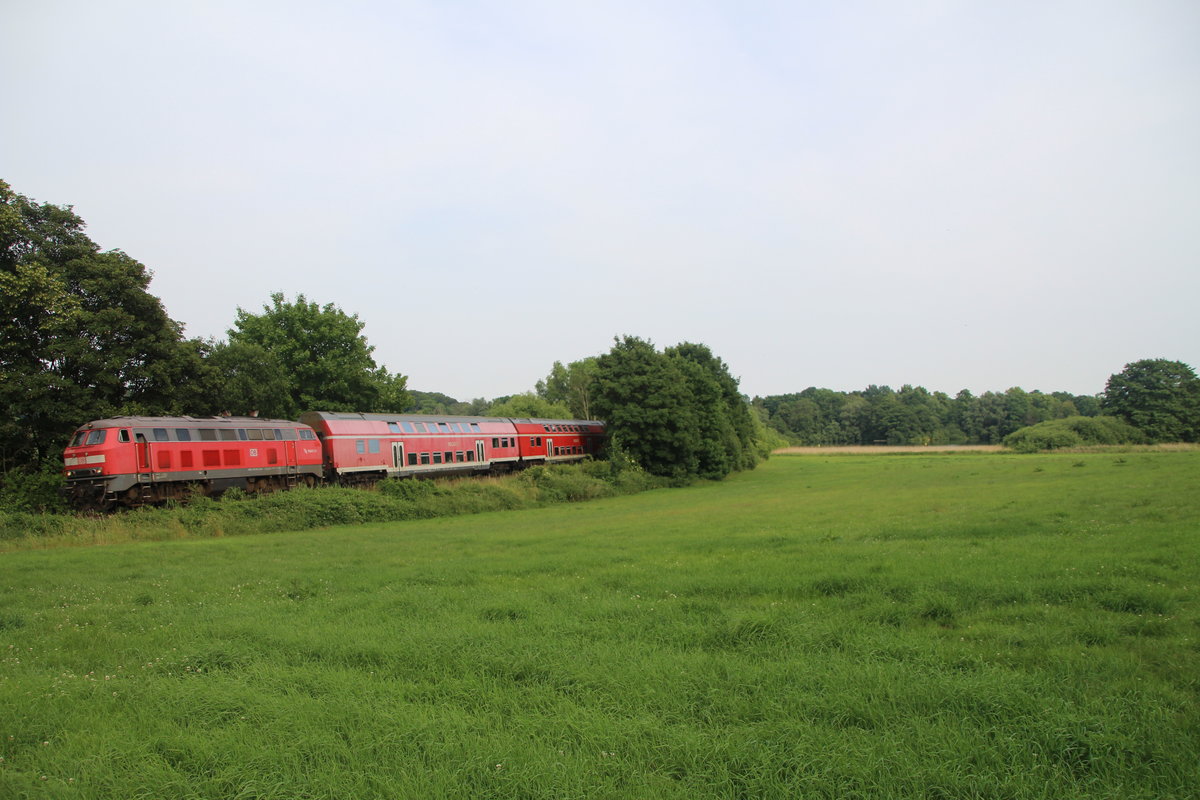 218 333-3 Zieht einen RE83 von Lübeck Hbf nach Kiel Hbf, kurtz hinter Plön.