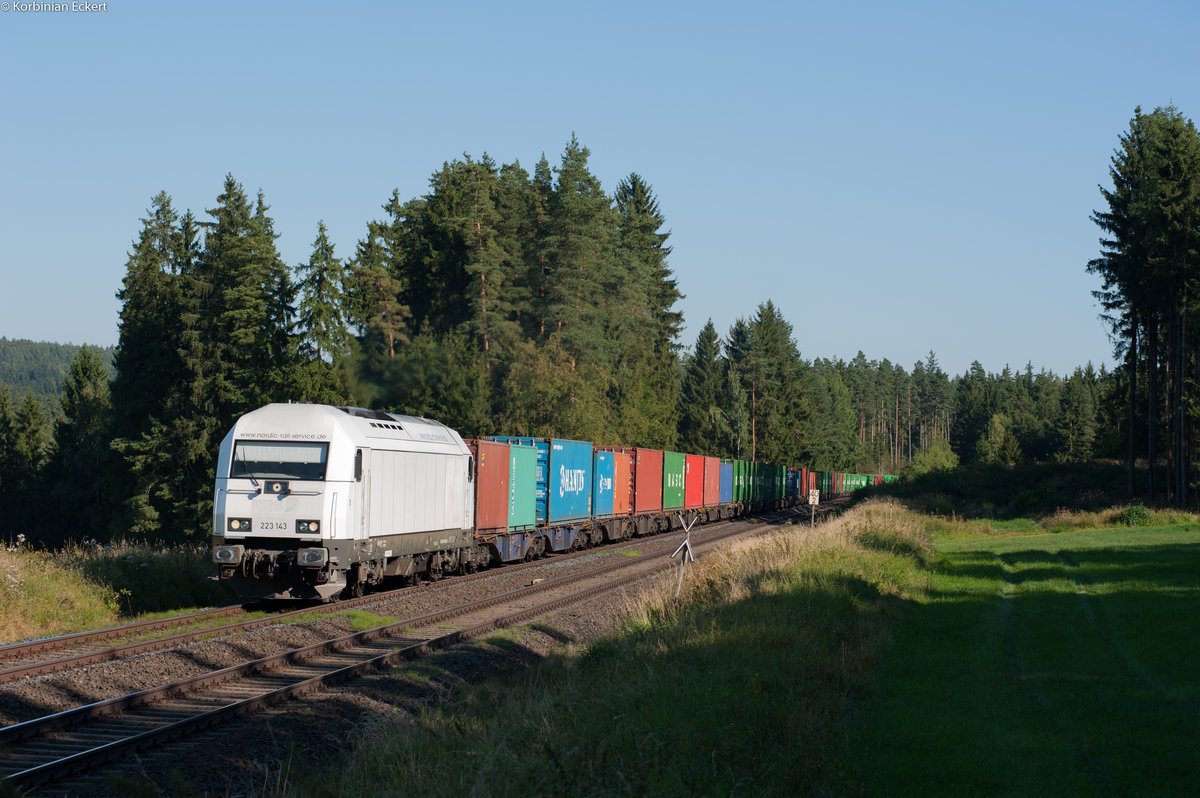 223 143 mit dem Containerzug Wiesau-Hamburg bei Pechbrunn, 27.08.2016