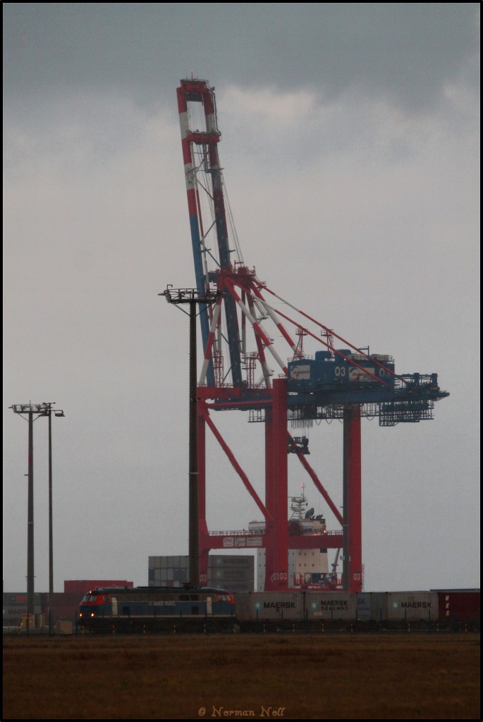 225 071-0 der NBE RAIL steht mit ihrem Containerzug auf der KV-Anlage des JWP Wilhelmshaven und wartet auf Ausfahrt. 20/11/2015