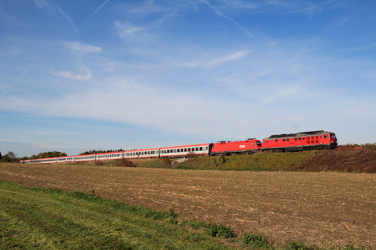 232 209 + 1016 035 mit dem EC 113 am 20. Oktober 2013 bei Laufen / Oberbayern.