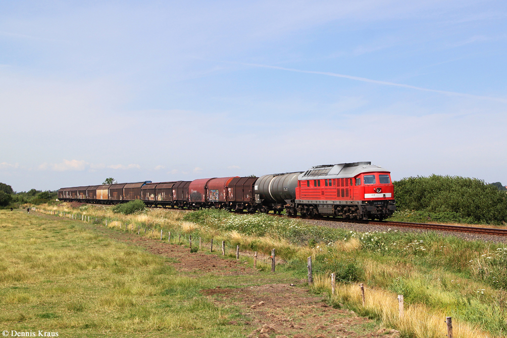 232 669 mit einem Güterzug am 22.07.2014 bei Süderlügum.