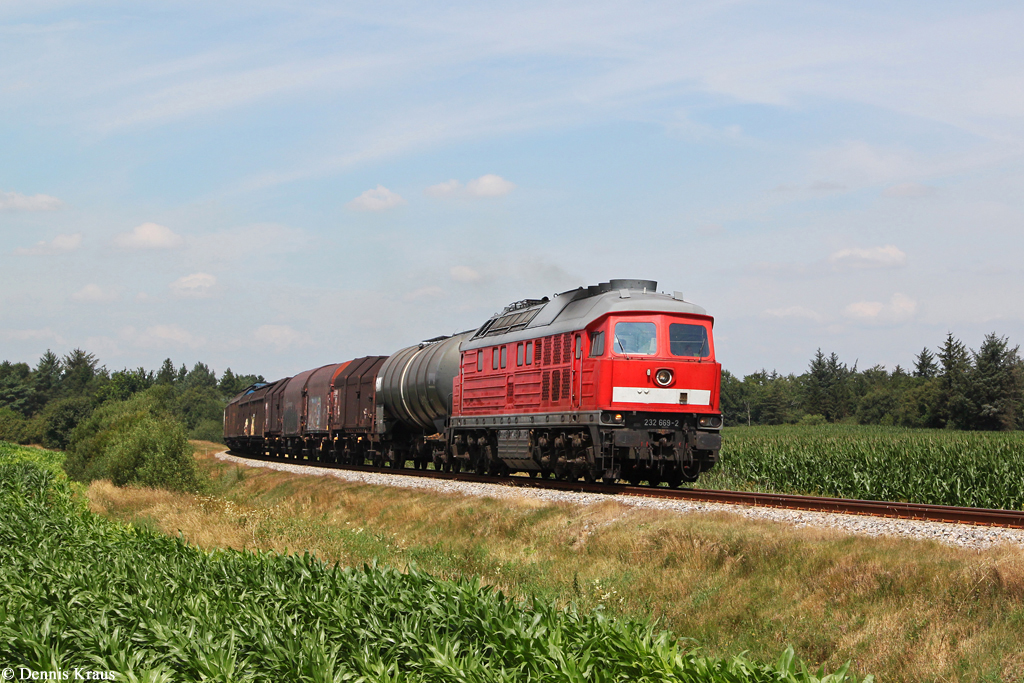 232 669 mit Güterzug am 22.07.2014 bei Ribe.