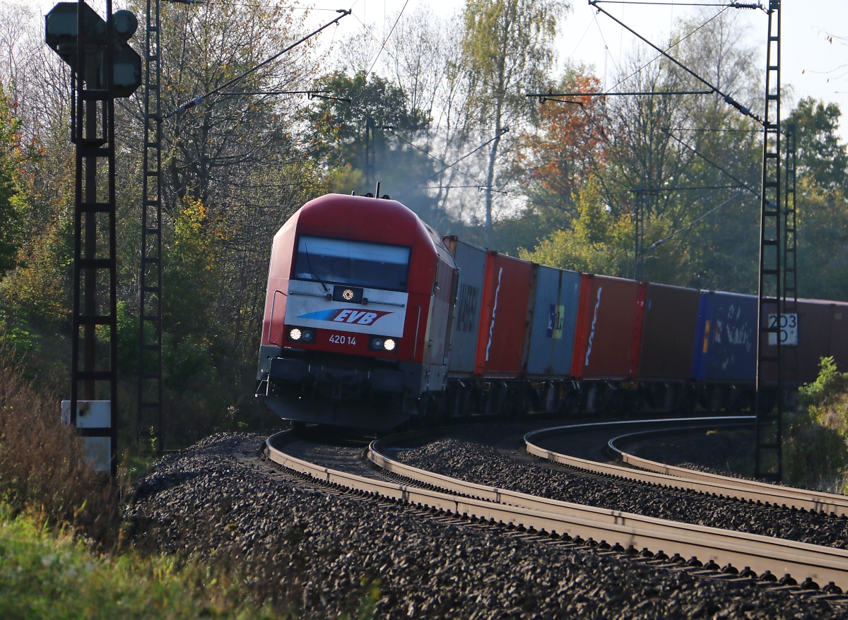 233 034 (420 14) legt sich bei Niederhone mit ihrem Containerzug in Fahrtrichtung Norden in den Gleisbogen. Aufgenommen am 23.10.2014.