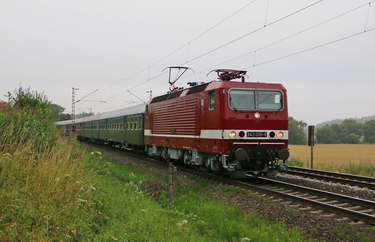 243 005-6 mit Schlagermove Sonderzug aus Treysa mit dem Ziel Hamburg. Aufgenommen am 14.07.2018 am BÜ km 75,1 bei Einbeck-Salzderhelden.