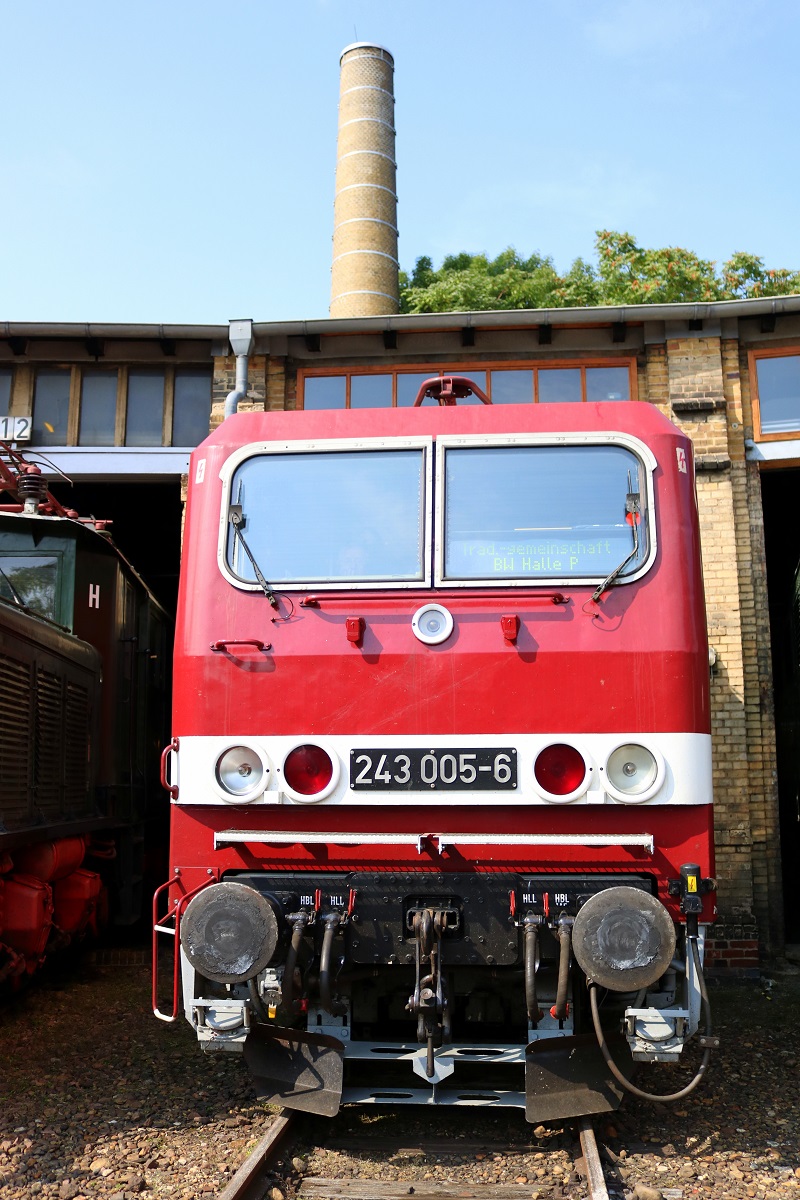 243 005-6 der Traditionsgemeinschaft BW Halle P e.V. steht vor dem Lokschuppen des DB Museums Halle (Saale) anlässlich des jährlichen Sommerfests. [26.8.2017 - 14:37 Uhr]