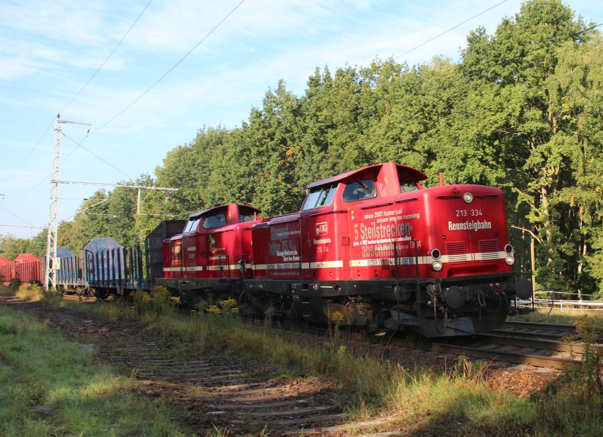 24.9.15 Zepernick. Rennsteigbahn auf Stettiner Bahn: 213 334 + 339 mit leerem Holzzug nach Eberswalde Hbf.