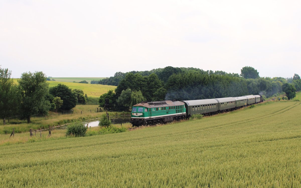25 Jahre Wismut hieß es am 25.06.16. Deshalb fuhr 86 1333-3 und V300 005 den Pendelzug zwischen Schmirchau nach Kayna und zurück. Hier der Zug bei Frankenau.