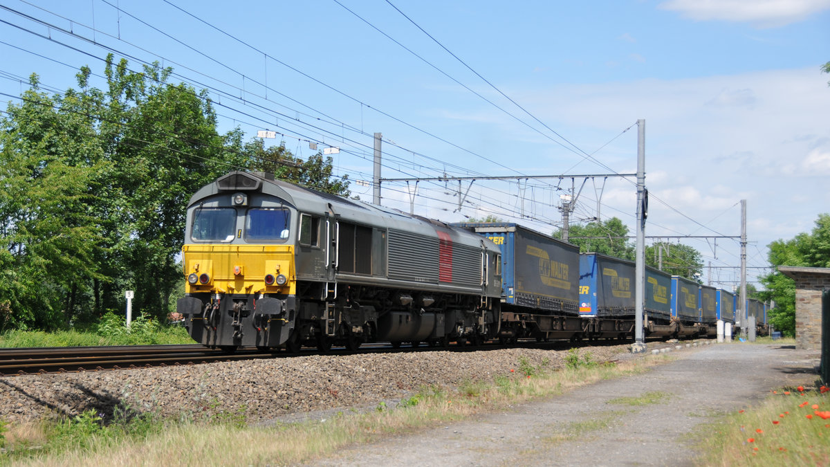 266 104-9 (DE6309) von Crossrail zieht einen LKW Walter-Zug Richtung Hasselt. Aufgenommen am 10/06/2017 in Bassenge.