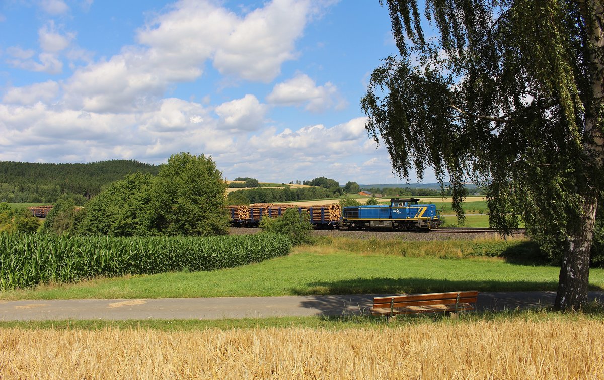 277 404 (EVB) ist am 21.07.17 mit einem Holzzug bei Lengenfeld bei Groschlattengrün zu sehen.