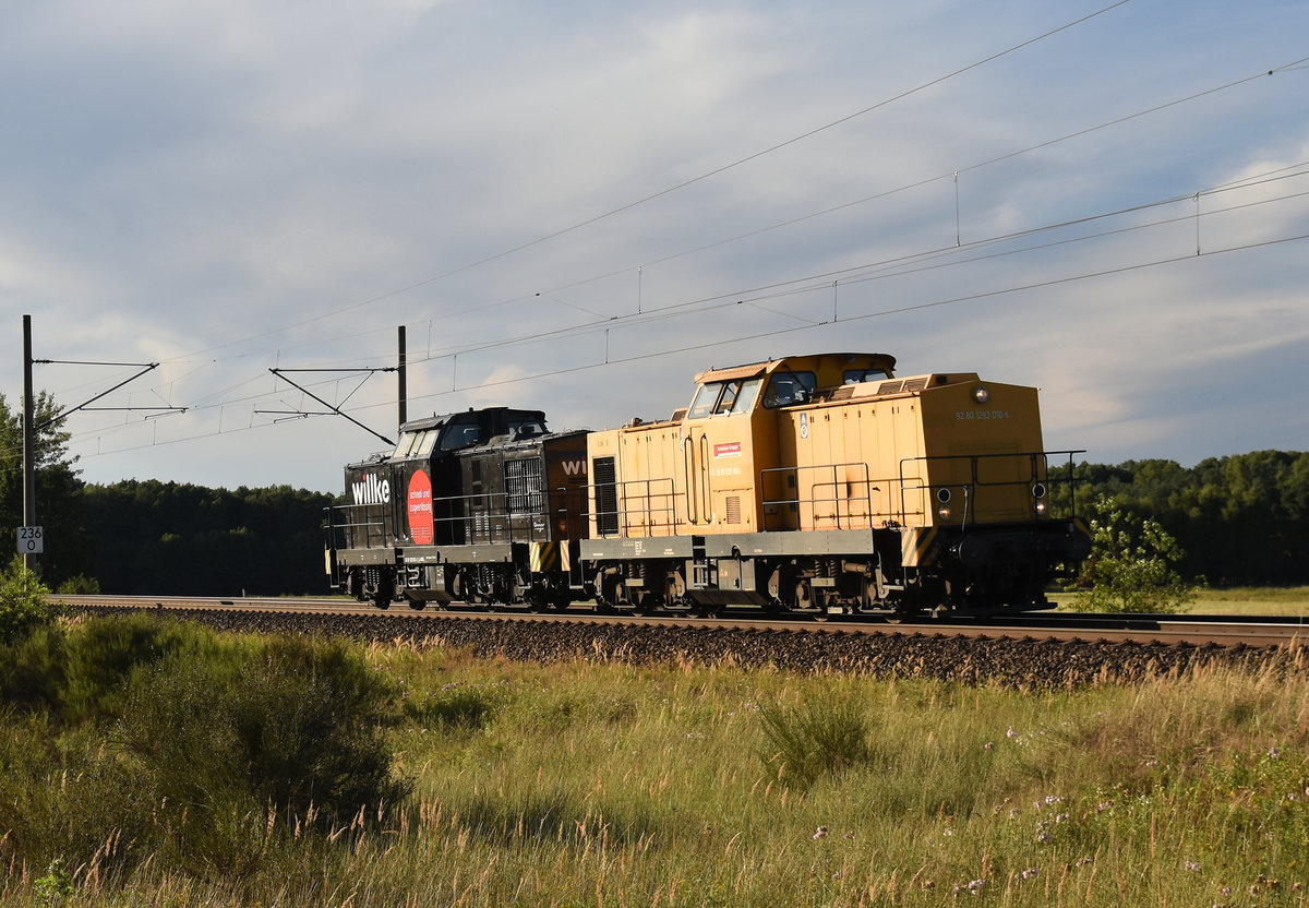 293 010-5 der DB Bahnbaugruppe und 203 501-2 der Willke Logistics GmbH, unterwegs in Richtung Schwerin. 3km östlich von Büchen, 06.08.2018.