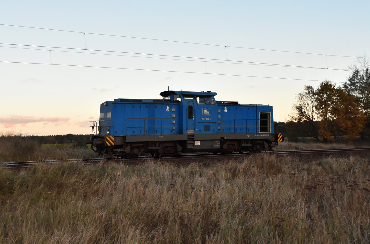 293 021-6 der PRESS - Eisenbahn-Bau- und Betriebsgesellschaft Pressnitztalbahn mbH Solo kommend aus dem Hagenower Land, bei wunderschöner herbstlicher Dämmerung. 3km östlich von Büchen 06.11.2017