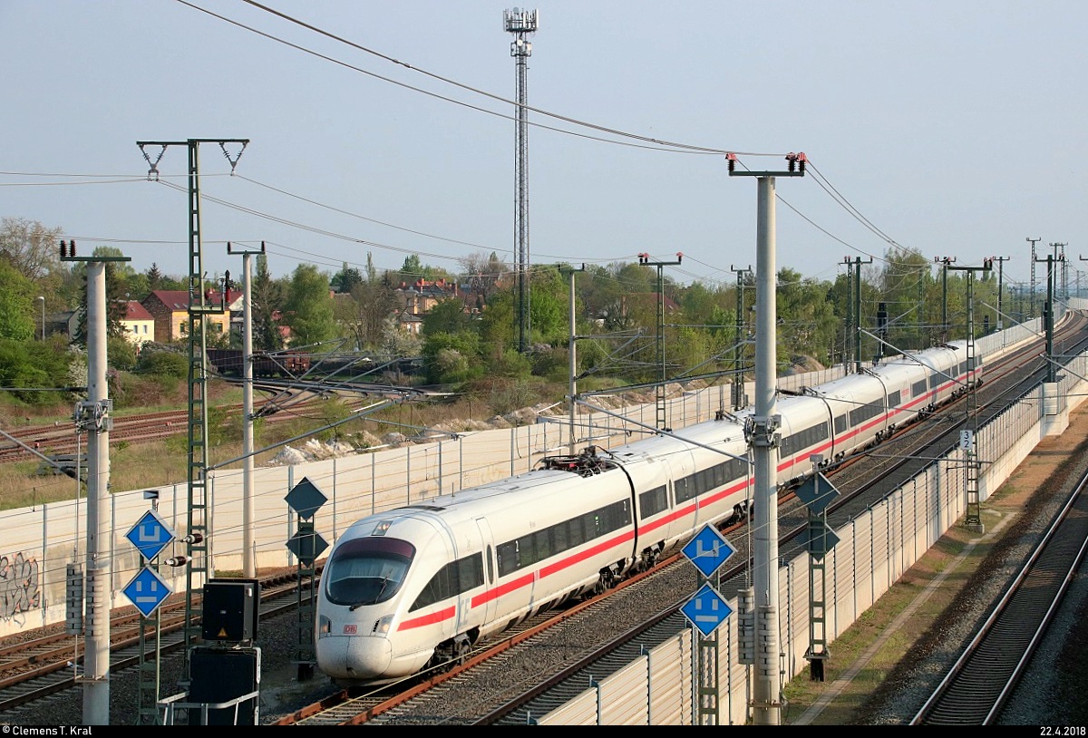 411 222-3 (Tz 1129) als ICE 1631 (Linie 15) von Frankfurt(Main)Hbf nach Berlin Gesundbrunnen fährt in Halle-Ammendorf auf der Neubaustrecke Erfurt–Leipzig/Halle (KBS 580). Aufgenommen von der Brücke Hohe Straße. [22.4.2018 | 17:38 Uhr]