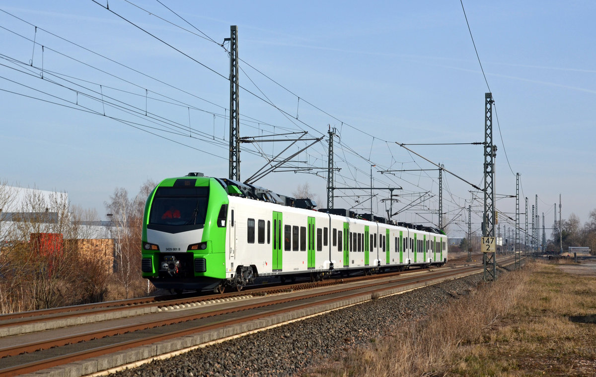429 001 des VRR war am 23.02.19 unterwegs von Berlin kommend durch Landsberg Richtung Halle(S). 