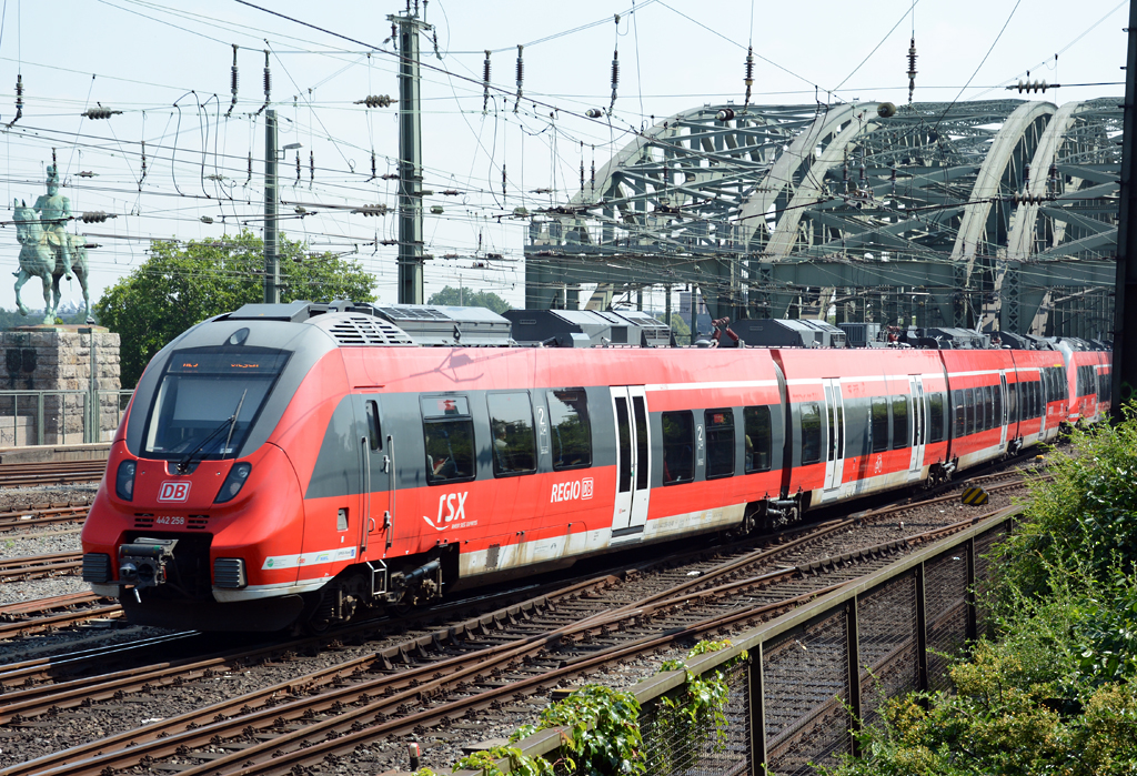 442 258 RE9 vom Hbf Köln kommend, Auffahrt auf die Hohenzollernbrücke - 31.07.2014
PS: Rechts im Bild ist ein Leitungsmast, kein  schwarzer Zuschneidebalken !
