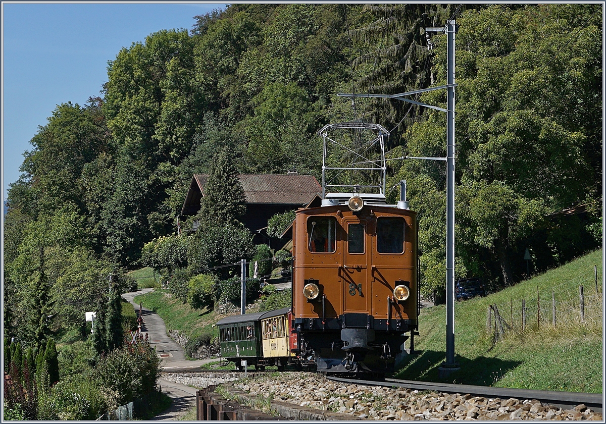 50 Jahre Blonay Chamby - MEGA BERNINA FESTIVAL: Zwischen Chernex und Sonzier fährt die B-C Bernina Bahn Ge 4/4 81 mit dem Riviera Belle Epoque Zug Richtung Chaulin.

8. Sept. 2018