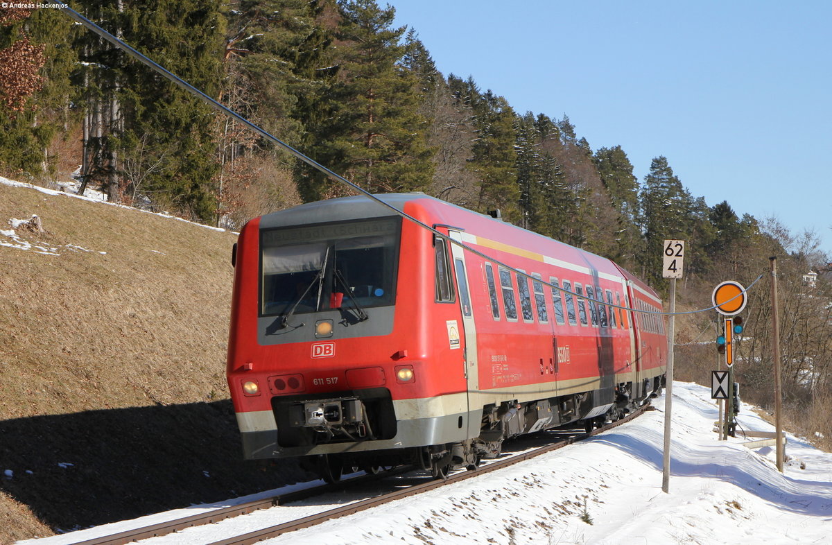 611 017-4 als RE 26389 (Villingen(Schwarzw)-Neustadt(Schwarzw)) bei Döggingen 25.2.18