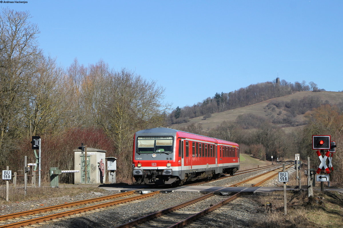 628 551-3 als RE 23570 (Crailsheim-Heilbronn Hbf) bei Michelbach 27.2.19