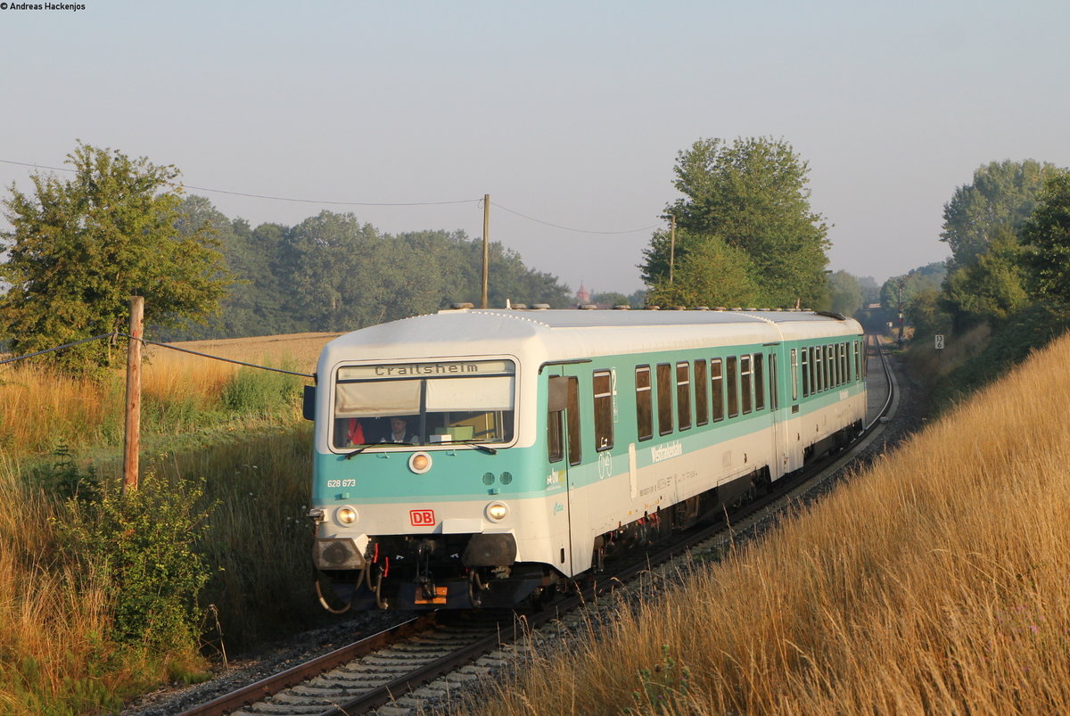 628 673-5/628 486-2 als RB 23423 (Tauberbischofsheim-Crailsheim) bei Rot am See 24.7.18