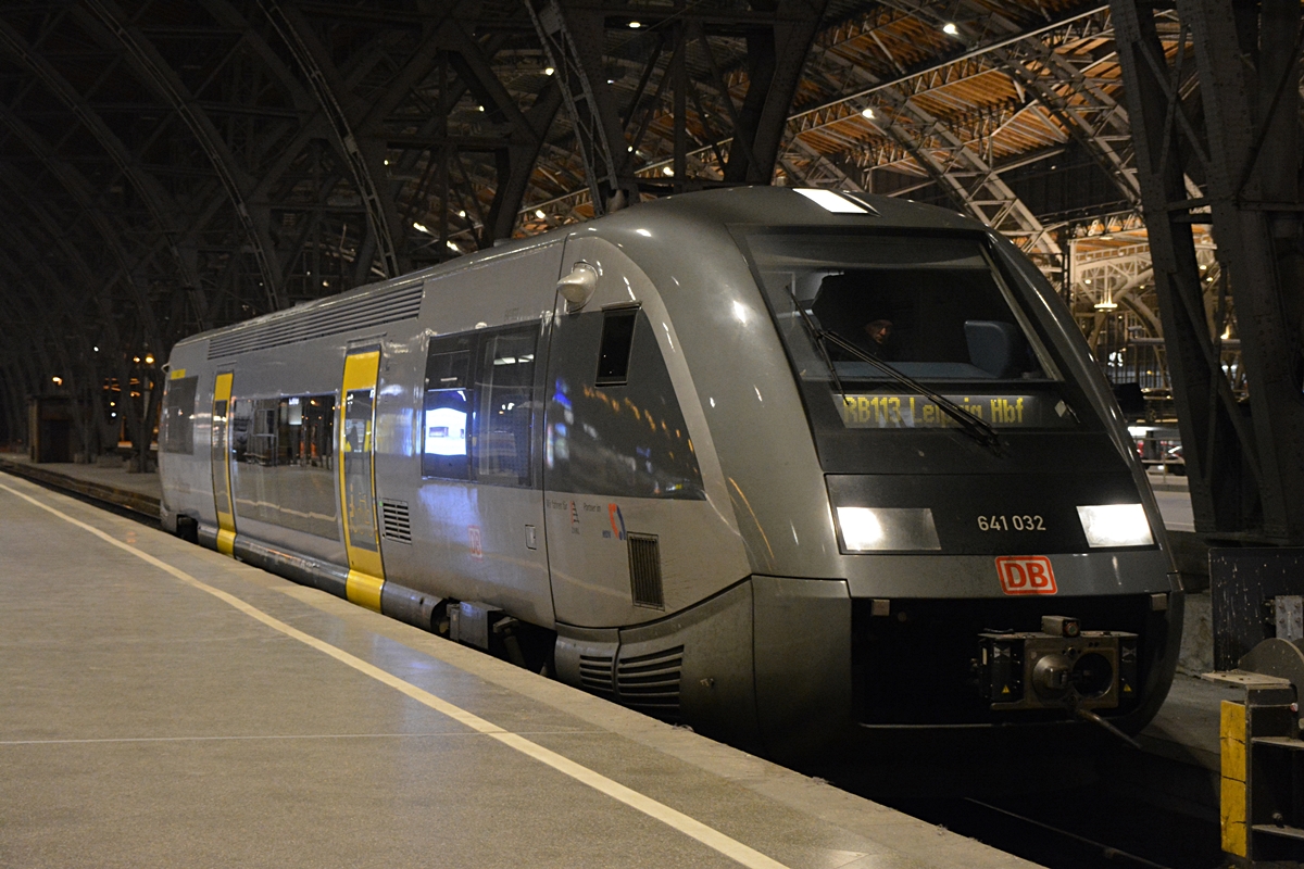 641 032 als RB 113 endet die Fahrt in Leipzig Hauptbahnhof. Die Aufnahme stammt vom 13.02.2018. 