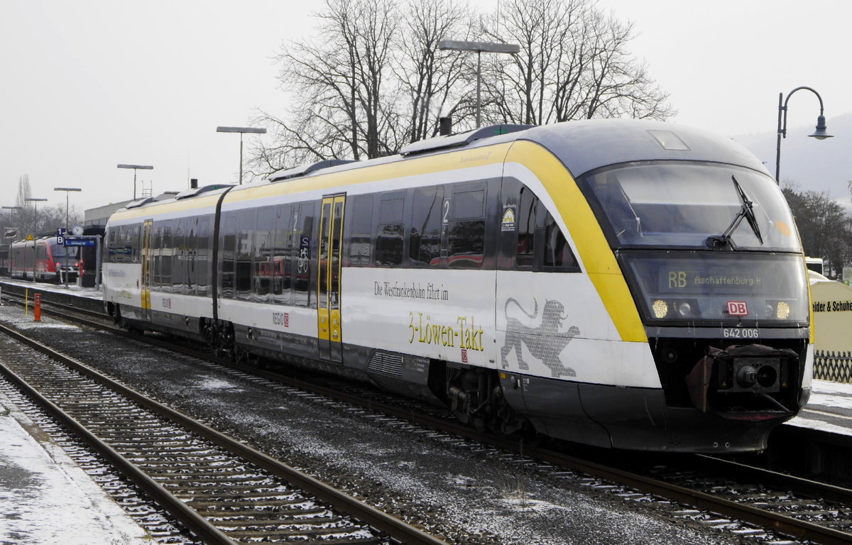 642 006 der Westfrankenbahn im neuen BW-Design. Am 24.1.19 bedient das Fahrzeug die RB 22316 Miltenberg - Aschaffenburg.  