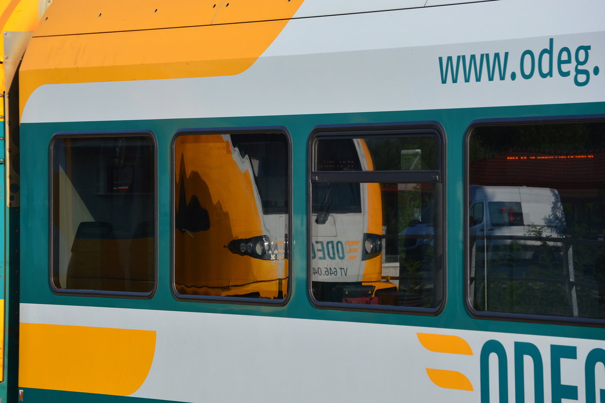 646 042 spiegelt sich im 646 045 in Rathenow.

Rathenow 23.07.2018