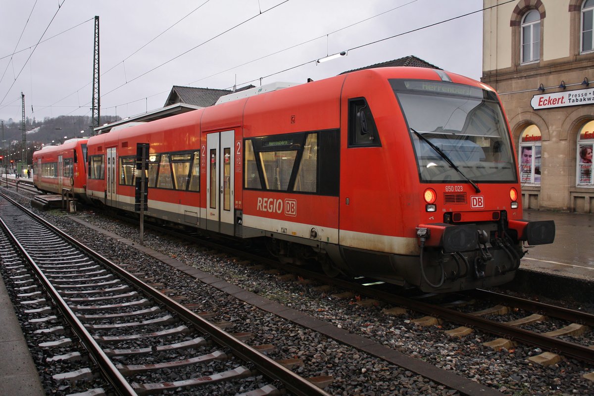 650 023-4 hat am 6.1.2019 als RB22941 von Wendlingen(Neckar) den Tübingener Hauptbahnhof erreicht.