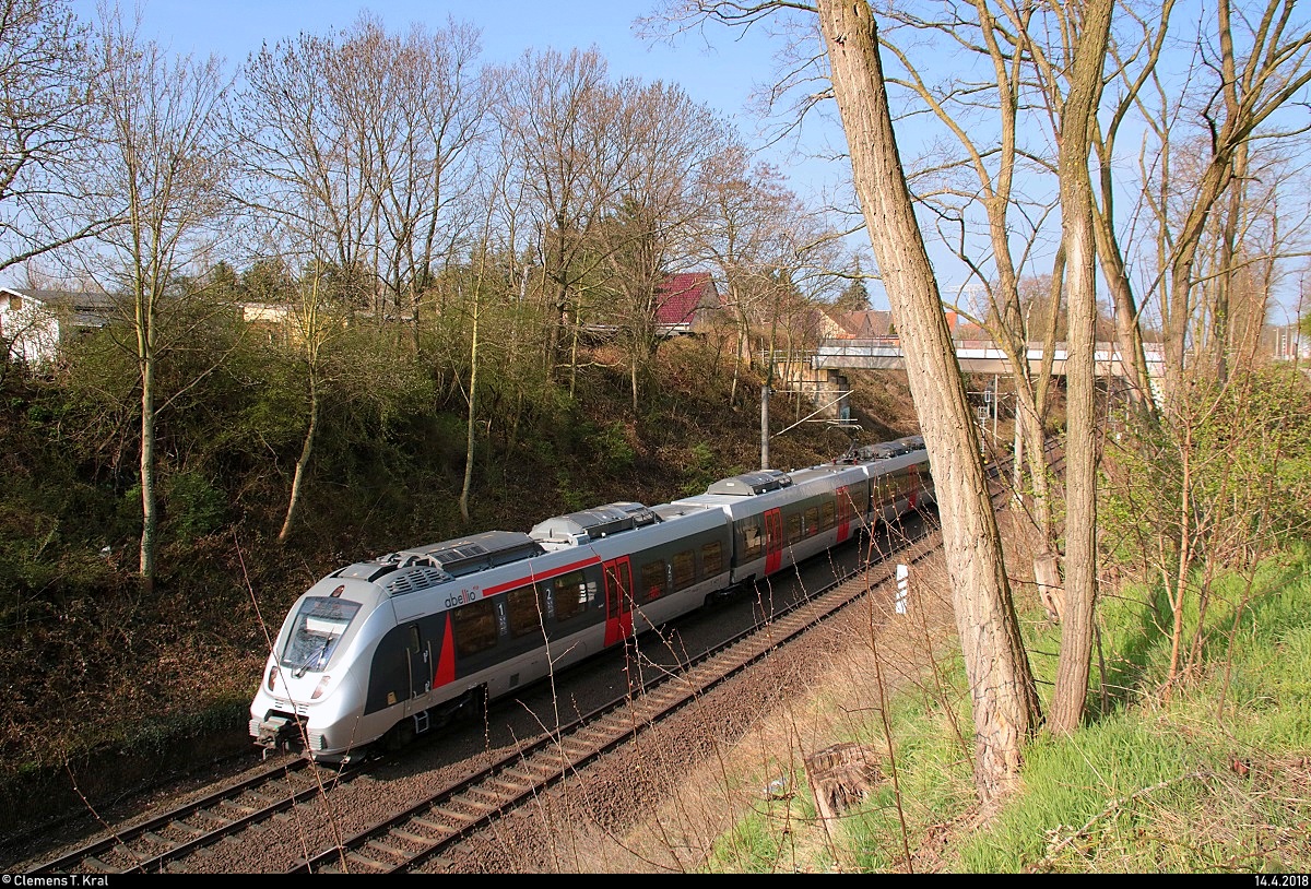 9442 ??? (Bombardier Talent 2) von Abellio Rail Mitteldeutschland als RB 74773 (RB75) von Lutherstadt Eisleben nach Halle(Saale)Hbf fährt in Halle Südstadt auf der Bahnstrecke Halle–Hann. Münden (KBS 590). [14.4.2018 | 10:19 Uhr]