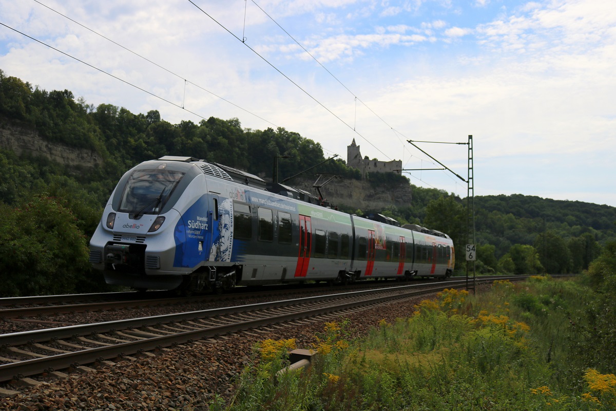 9442 603  Mansfeld-Südharz  (Bombardier Talent 2) von Abellio Rail Mitteldeutschland als RB 74623 (RB20) von Eisenach nach Halle(Saale)Hbf Gl. 13a fährt bei Saaleck auf der Bahnstrecke Halle–Bebra (KBS 580). [8.8.2017 - 14:45 Uhr]