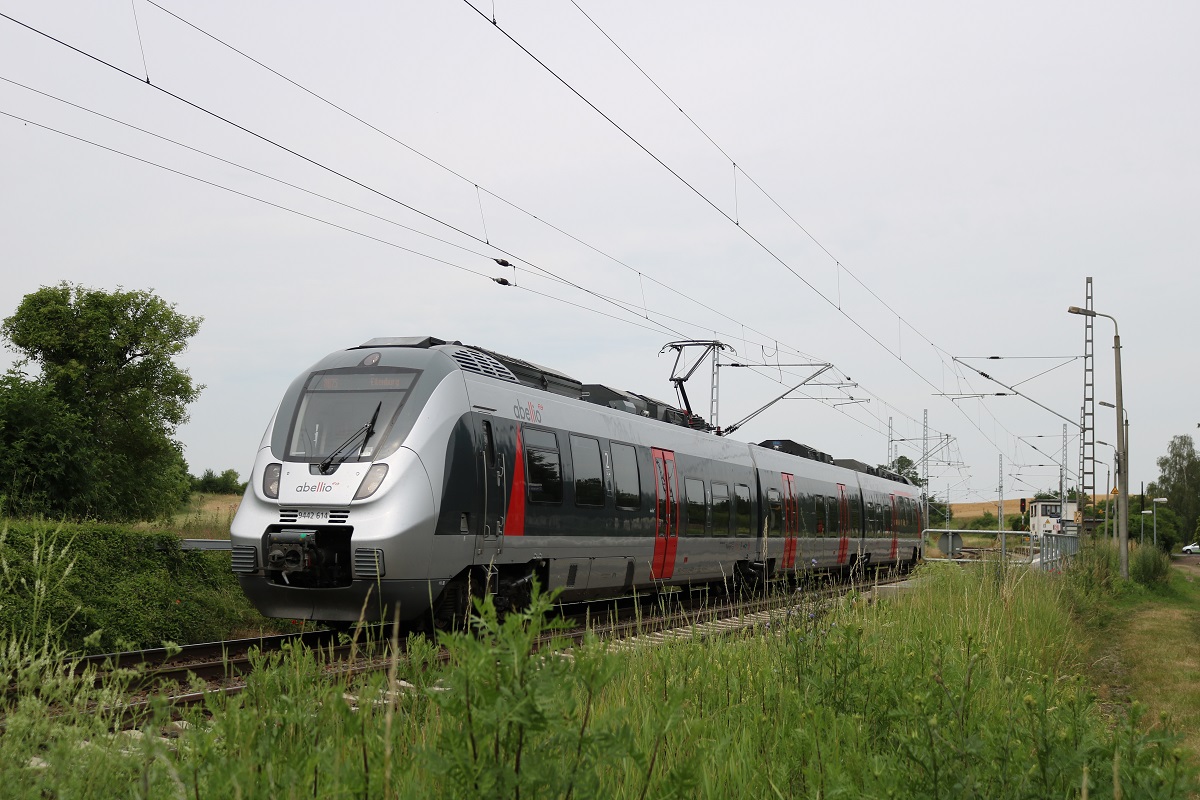 9442 614 (Bombardier Talent 2) von Abellio Rail Mitteldeutschland als RB 74773 (RB75) von Lutherstadt Eisleben nach Eilenburg in Zscherben auf der Bahnstrecke Halle–Hann. Münden (KBS 590). [27.6.2017 - 12:16 Uhr]