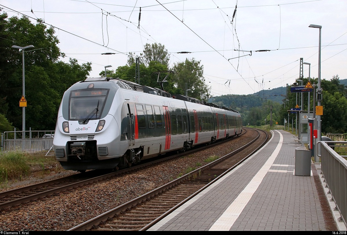 9442 801 (Bombardier Talent 2) von Abellio Rail Mitteldeutschland als RE 74504 (RE17) von Leipzig Hbf nach Erfurt Hbf durchfährt den Hp Leißling auf der Bahnstrecke Halle–Bebra (KBS 580). Grüße zurück!
[16.6.2018 | 9:34 Uhr]