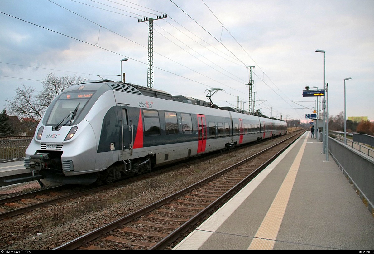 9442 806 (Bombardier Talent 2) von Abellio Rail Mitteldeutschland als RE 74713 (RE9) von Kassel-Wilhelmshöhe nach Halle(Saale)Hbf durchfährt den Hp Halle Rosengarten auf der Bahnstrecke Halle–Hann. Münden (KBS 590). [18.2.2018 | 16:50 Uhr]