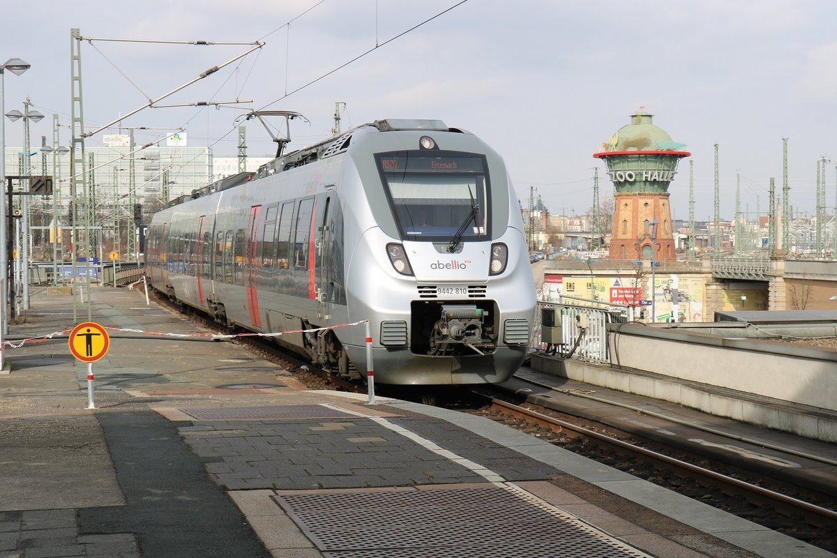 9442 810 (Bombardier Talent 2) von Abellio Rail Mitteldeutschland wird als RB 74618 (RB20) nach Eisenach in Halle(Saale)Hbf auf Gleis 6 bereitgestellt. [25.2.2017]
