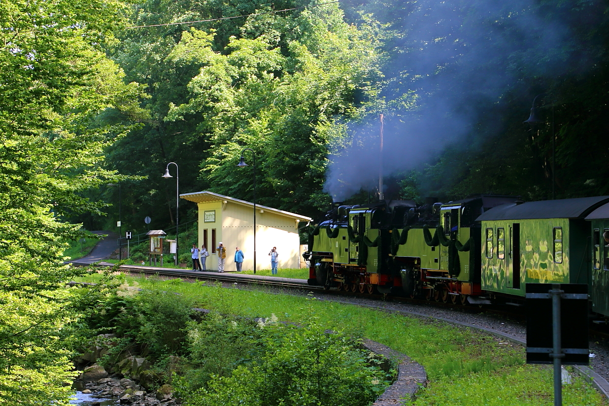 99 1793 und 99 1734 erreichen mit P 6006 am Nachmittag des 17.06.2017 den Haltepunkt Spechtritz. (Aufnahme aus dem fahrenden Zug)