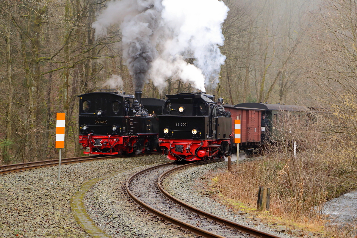 99 5901 mit IG HSB-Sonderzug nach Quedlinburg und 99 6001 mit IG HSB-Sonderzug nach Wernigerode am 07.02.2016 bei einer Parallelfahrt kurz hinter dem Bahnhof Eisfelder Talmühle. (Bild 2)